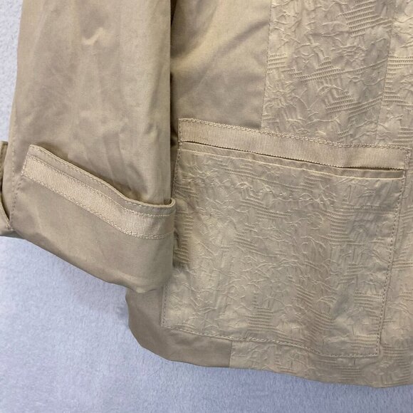 Chico's Size 2 (Large 12) Textured Open Front Jacket Tan Beige Cuffed 3/4 Sleeve - Picture 11 of 16